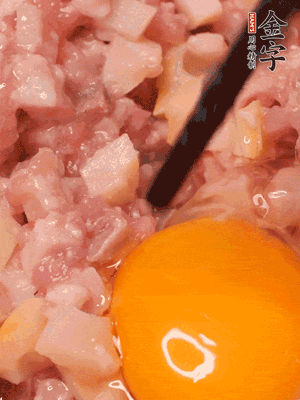 猪肉末、咸肉丁，分次加葱姜水，一勺糖、一丢白胡椒，春笋丁，打入一个鸡蛋